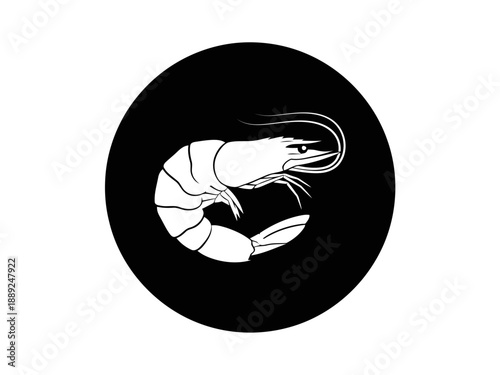 A minimal black and white icon of a tasty shrimp in a circle stylized graphic of a prawn or crustacean food ingredient