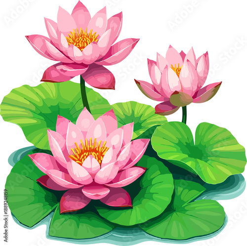 Pink water lilies (lotus flowers) growing on water with green floating leaves. Calm, natural spring-themed floral elements associated with peace, harmony, Mother’s Day, wellness and nature scenes