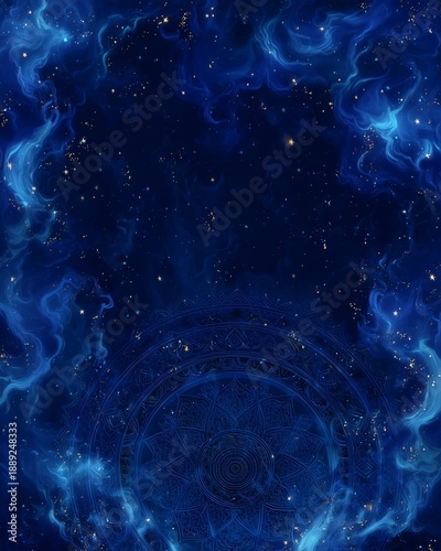 A mystical and profound background for the Night of Power (Laylat al-Qadr), featuring a deep indigo sky filled with swirling, cosmic light