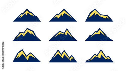 Mountain Set: A collection of stylized mountain silhouettes, each exuding a sense of grandeur and adventure, perfect for symbolizing peaks of achievement, exploration.
