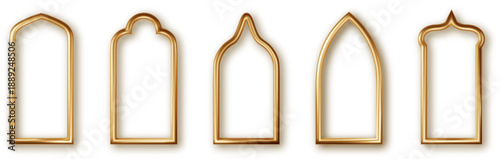 A collection of five ornate golden colored islamic arch window frames
