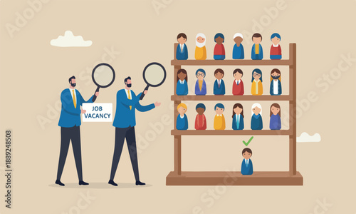 HR, human resources choose candidate to fit in job or career vacancy, diversity, people management or searching for best employee concept, business people human resources team looking at people dolls
