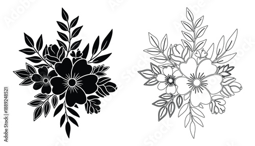 Two versions of flower bouquet silhouette and outline drawing simple botanical arrangement vector illustration