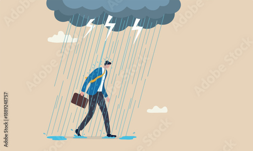 Having bad day, work, discourage or depression, failure feeling bad or difficulty, having problem and trouble concept, depressed wet businessman walking in raining thunderstorm
