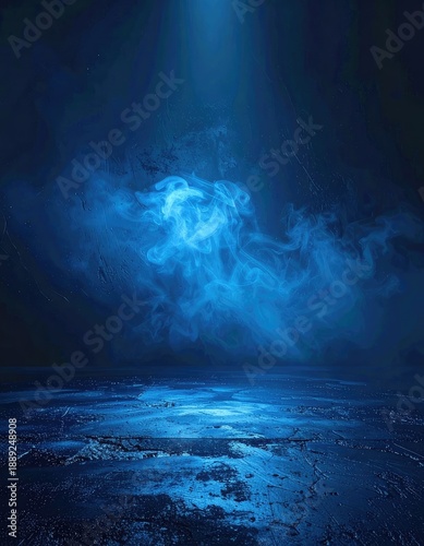 Dramatic abstract background featuring glowing blue smoke over a textured, dark floor.