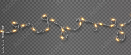 Golden string lights arranged diagonally on a transparent background