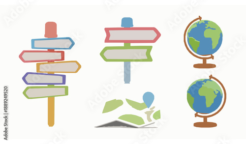 3D cartoon signpost with blank arrows map and globe for travel navigation