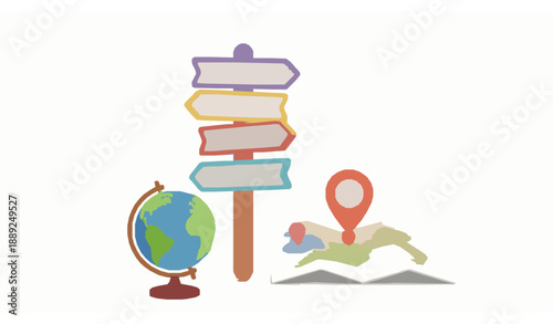 Soft 3D cartoon signpost and globe illustration for navigation concept