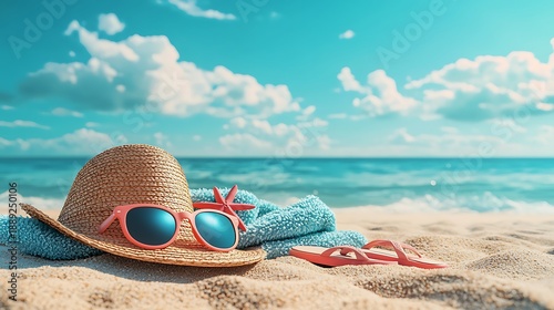 Beach lifestyle essentials arranged on sand with summer accessories photo