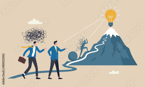 Problem solving, resolutio coaching to help trouble, confused businessman with messy thinking with other giving lightbulb solution