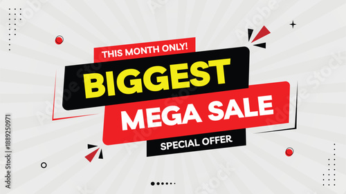 Biggest Mega Sale Banner Template – Special Offer, This Month Only, Discount Elements, Black Yellow Red Gradient, White Background, Promotional Design Basic RGB