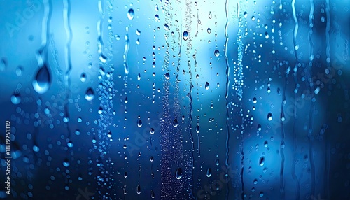 Close-up abstract view of vivid blue water droplets streaming down a wet window surface.