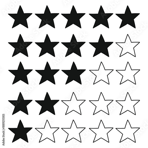 Hand-drawn doodle set of black rating stars on a white background.
