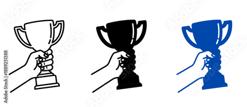 Hand holding trophy cup set, achievement and success award icons in line and silhouette style