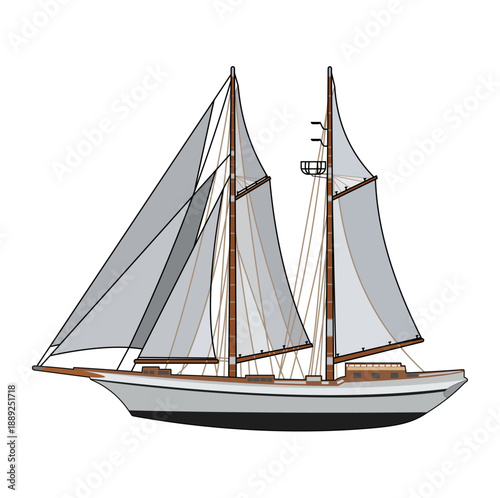 Classic Wooden Schooner Illustration - Vintage Sailing Ship with White Sails