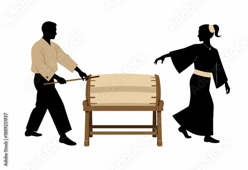 Silhouette of Traditional Japanese Taiko Drum Performance with Two Musicians Engaged in Energetic Percussion Artistry