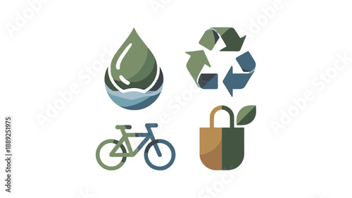 Eco-friendly icons representing sustainability, including water drop, recycle symbol, bike, and reusable bag.