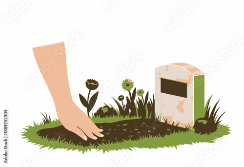 Hand Gently Touching Freshly Turned Soil in Peaceful Garden with Green Grass and Vibrant Flowers Near Simplistic Stone Marker on a Clear Day