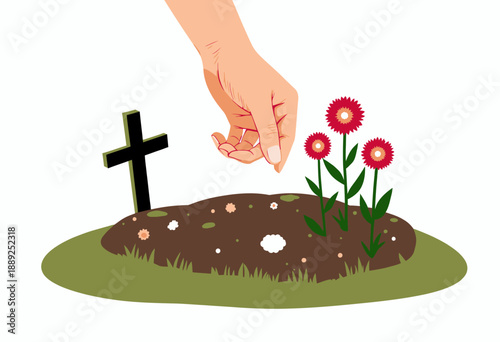 Illustration of a hand planting seeds on a small grave with blooming flowers and a cross, symbolizing renewal, remembrance, and the cycle of life