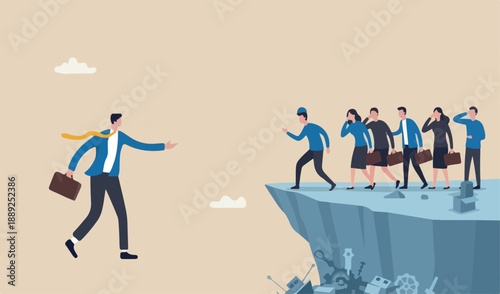 Wrong direction leader, stupid authoritarian boss, stupidity or mistake lead company and employees sabotage or problem concept, stupid boss manager pointing order employees to jump off cliff.