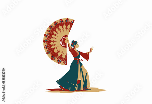Graceful traditional dance performance featuring a dancer in vibrant attire elegantly holding a beautifully crafted decorative fan with intricate patterns