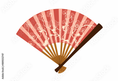Exquisite Red and White Traditional Hand Fan with Floral Patterns and Wooden Handle Celebrating Artistry in Cultural Craftsmanship