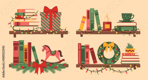 Cozy Holiday Book Nook Scene Featuring Christmas Decorations, Presents, and Vintage Toys on Shelves Creating a Festive, Literary, and Heartwarming Atmosphere at Home for the Holida.