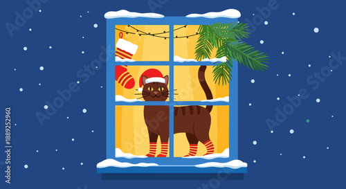 Cute cartoon cat wearing Santa hat looks out snowy window on Christmas Eve, awaiting Santa's arrival for the holidays in winter, making for a warm, cozy, and festive scene.
