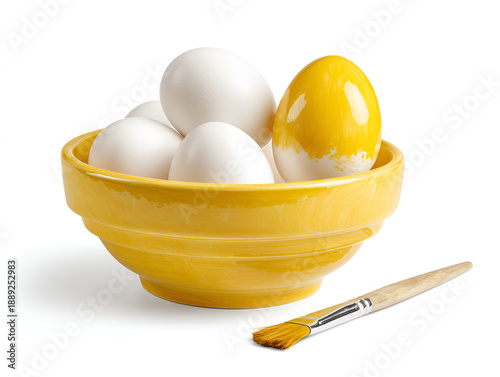 Easter Eggs in Yellow Bowl with Paint Brush Isolated on White Background