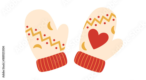 Cute Winter Mittens with Heart and Geometric Pattern