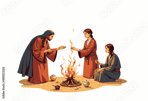 Three Figures in Traditional Clothing Engaged in Ritual Around Central Bonfire with Pottery Elements on Sandy Ground Setting