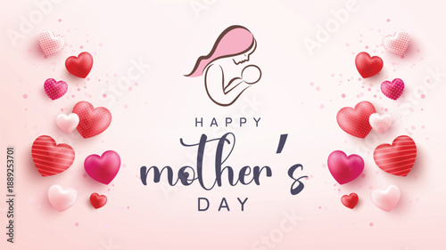 Happy Mother's Day Banner Template with Hearts, Mother & Baby Elements, Red White Gradient Background – Perfect for Celebration