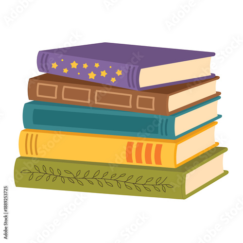 Stack of colorful books with various designs and patterns