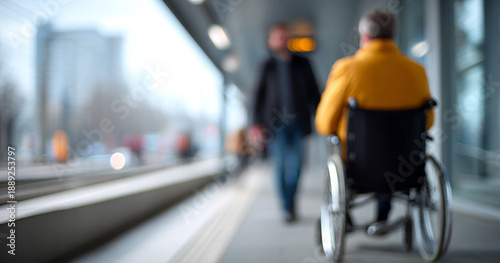 Wallpaper Mural Blurred image of a person in a wheelchair wearing a yellow jacket on a city sidewalk with a pedestrian walking towards them Torontodigital.ca