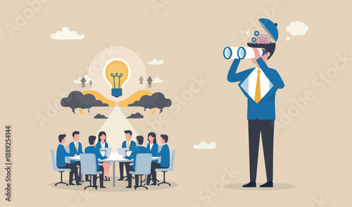 Clear business vision to see future opportunity, challenge too team meeting visionary concept, smart businessman with binoculars open his head above cloud storm clear vision.