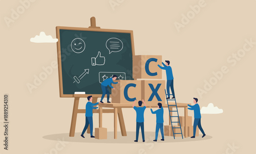 Customer Experience product and service concept, miniature people workers with blue team uniform building cube wooden block with acronym CX on table with blackboard, user review or feedback