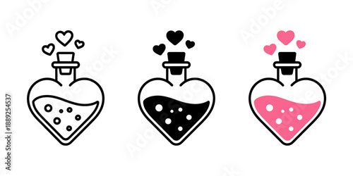 Heartshaped potion bottles with magical love theme illustrations