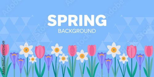 Vibrant Spring Background with Colorful Flowers and Blue Sky