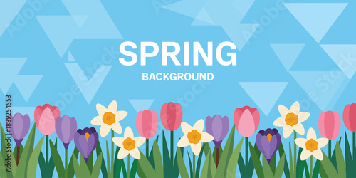 Vibrant Spring Background with Colorful Flowers and Blue Sky