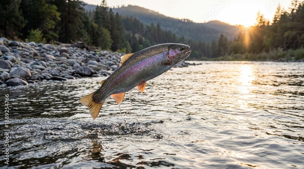 Fototapeta premium Fresh rainbow trout jumping out of clear mountain river at golden sunset with water splashes, rocky riverbank and pine forest on background. Concept of wild nature and sport fishing adventure