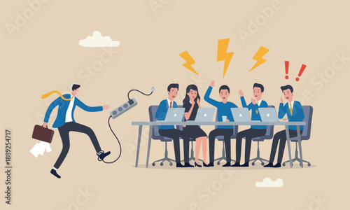 Failure mistake, meeting teams accident books surprise problem impact business concept, clumsy businessman stumble with power electric plug falling on the floor