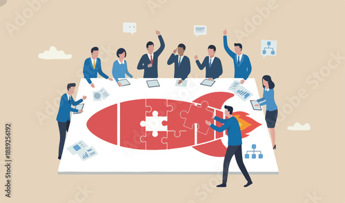 Solve business problem with creativity, finishing or complete brilliant ,solution business concept, to smart businessman assemble piece team jigsaw complete red big rocket puzzle.