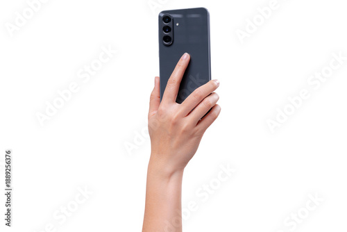 Canvastavla back of a hand holding a dark gray smartphone, separated from isolated on a transparent background It's suitable for use in advertising and technology concepts