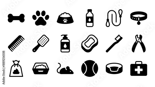 Vector Icon Set of 18 Pet Care Essentials in a Consistent Geometric Glyph Style, Featuring Dog Bone, Paw Print, Food Bowl, Leash, Collar, Grooming Brush, Shampoo, Litter Box, Toys, and First Aid Kit.
