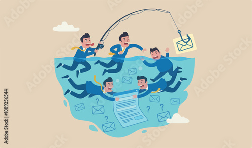 Phishing email, fraud or scam mail offer fake login or password form to steal personal information, online concept, businessman diving underwater team catch email sea envelope fishing hook