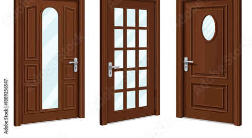 Collection of three distinct wooden doors with varied designs and glass inserts showcasing architectural elements and entryways for residential or commercial properties presented in a clean isolated