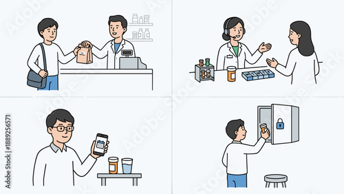 Vector illustration set of pharmacy services: patient picking up prescription, pharmacist consultation, mobile app medication reminder, and safe medicine storage in a locked cabinet at home.