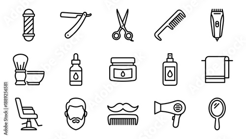 Collection of 15 Minimalist Barber Shop and Men's Grooming Line Icons Including Scissors, Straight Razor, Comb, Electric Clipper, Shaving Brush, Beard Oil, Pomade, Hair Dryer, and Barber Chair.