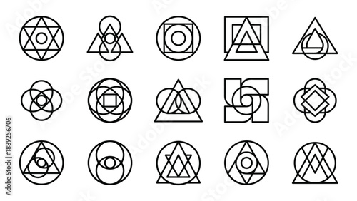 Set of 15 Abstract Geometric Line Art Icons and Logos Featuring Minimalist Shapes Like Circles, Triangles, and Squares in a Clean Grid Layout for Branding, Identity, and Modern Graphic Design.
