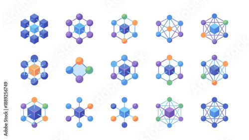 Isometric Vector Icon Set of Neural Network Nodes and Blockchain Data Structures with 3D Effect, Colorful Gradient Cubes and Spheres Connected in a Grid Layout for Technology and Science Design
